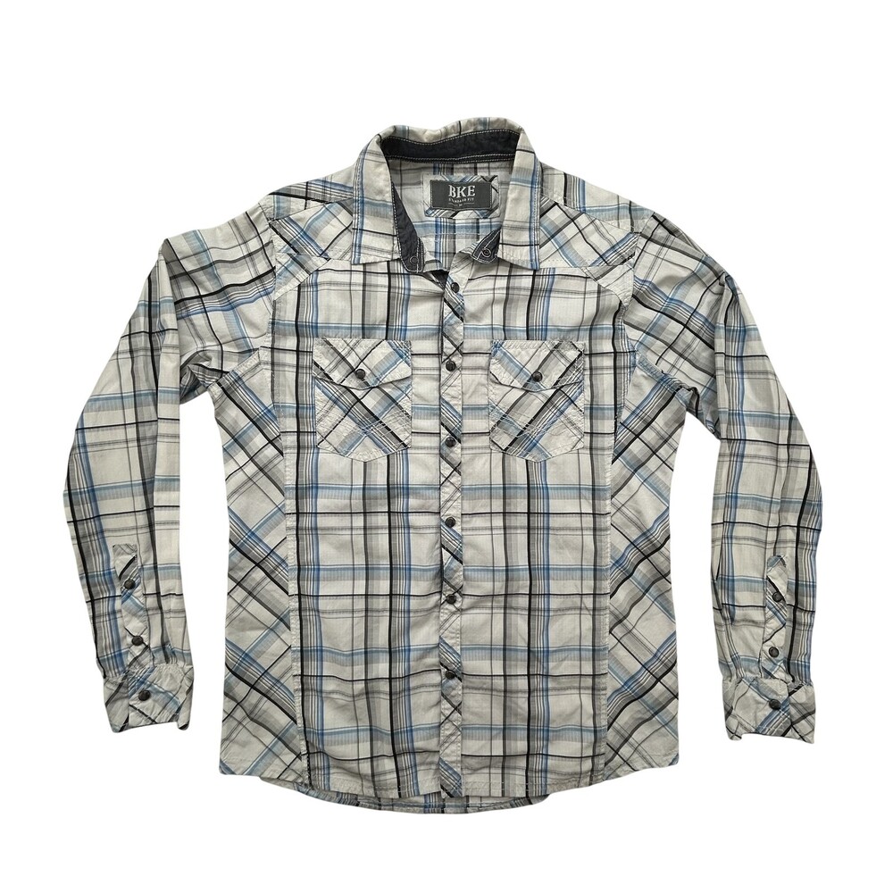 BKE Shirt Mens Medium Standard Fit Plaid Pearl Snap Western Long Sleeve B2572